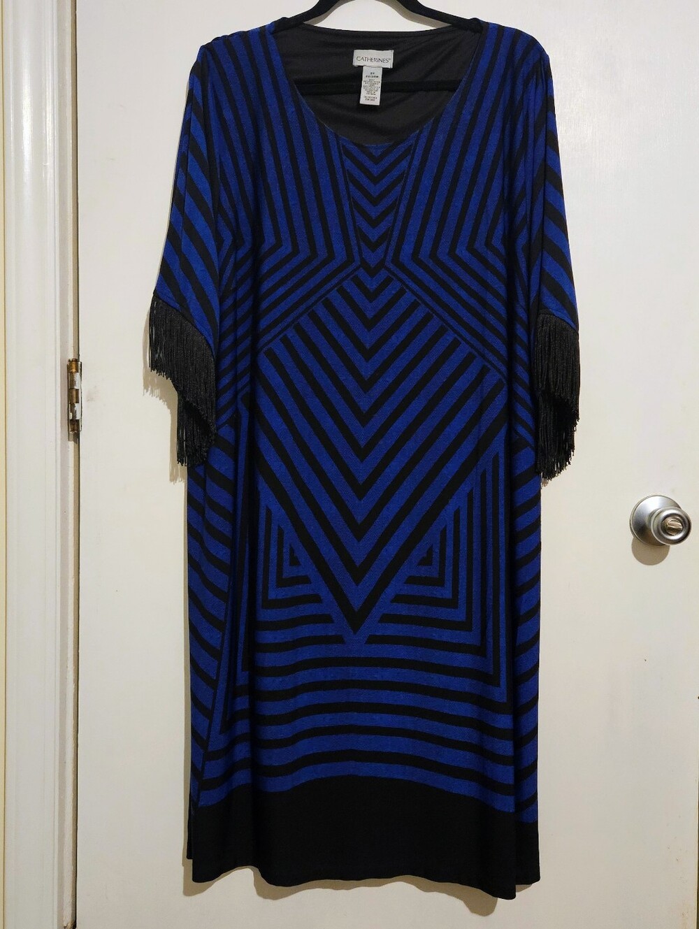 Catherines Black Blue Striped Fringe Sleeve Dress Women's 2X Knee Length